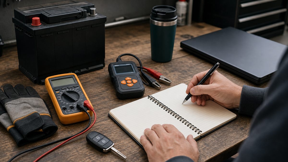 Automotive troubleshooting notes with multimeter, gloves, and a closed laptop on a workbench