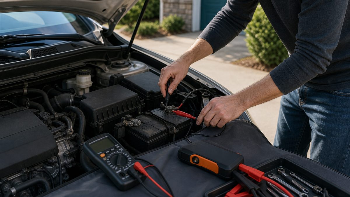 Person checking a car battery in a driveway with a multimeter and jump starter nearby